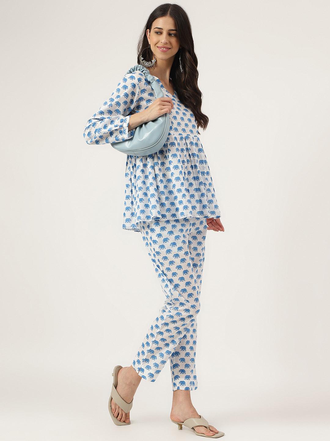 Jamal Jamaloo White Animal Printed Cotton Peplum Top Pant Co-ords Sets - Jamal Jamaloo