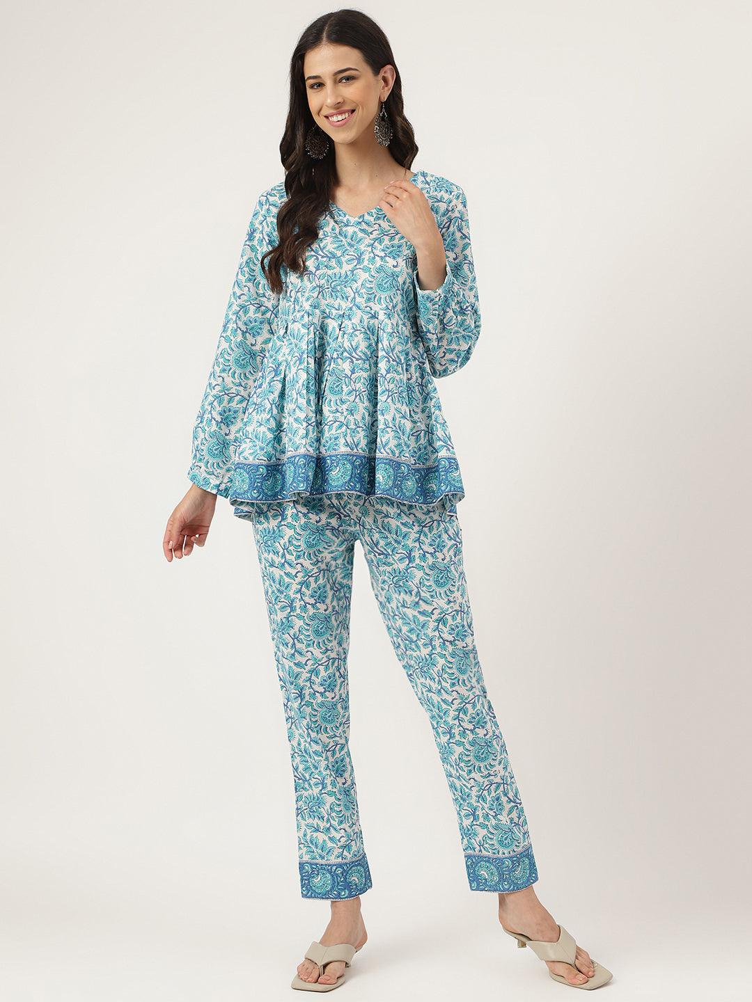 Jamal Jamaloo White Floral Printed Cotton Peplum Top Pant Co-ords Sets - Jamal Jamaloo