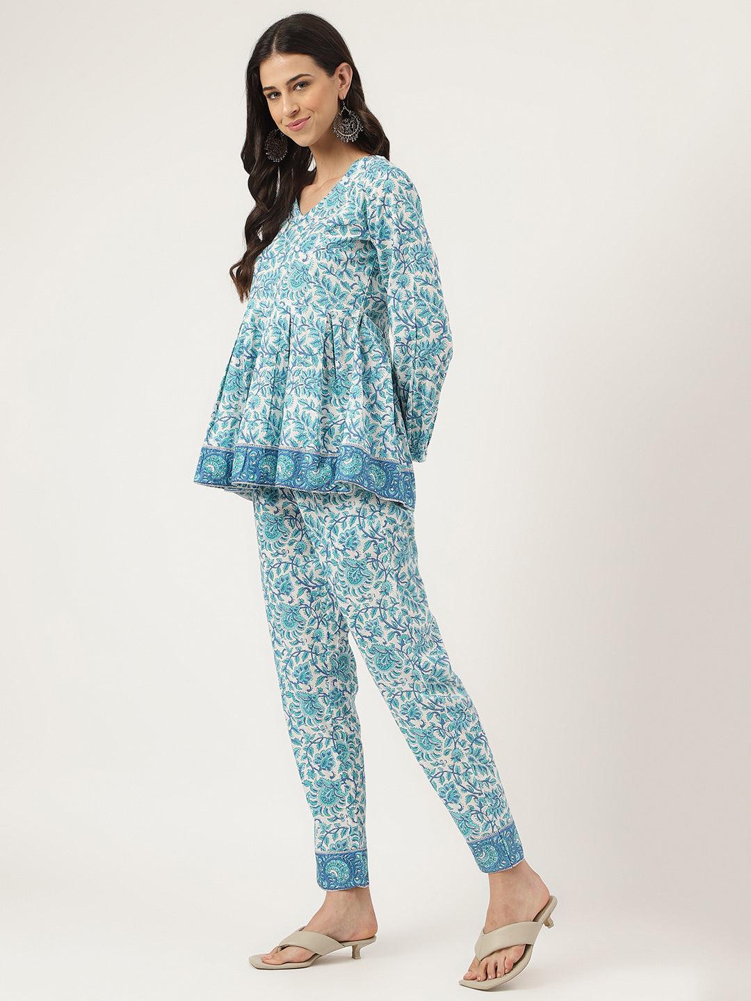 Jamal Jamaloo White Floral Printed Cotton Peplum Top Pant Co-ords Sets - Jamal Jamaloo