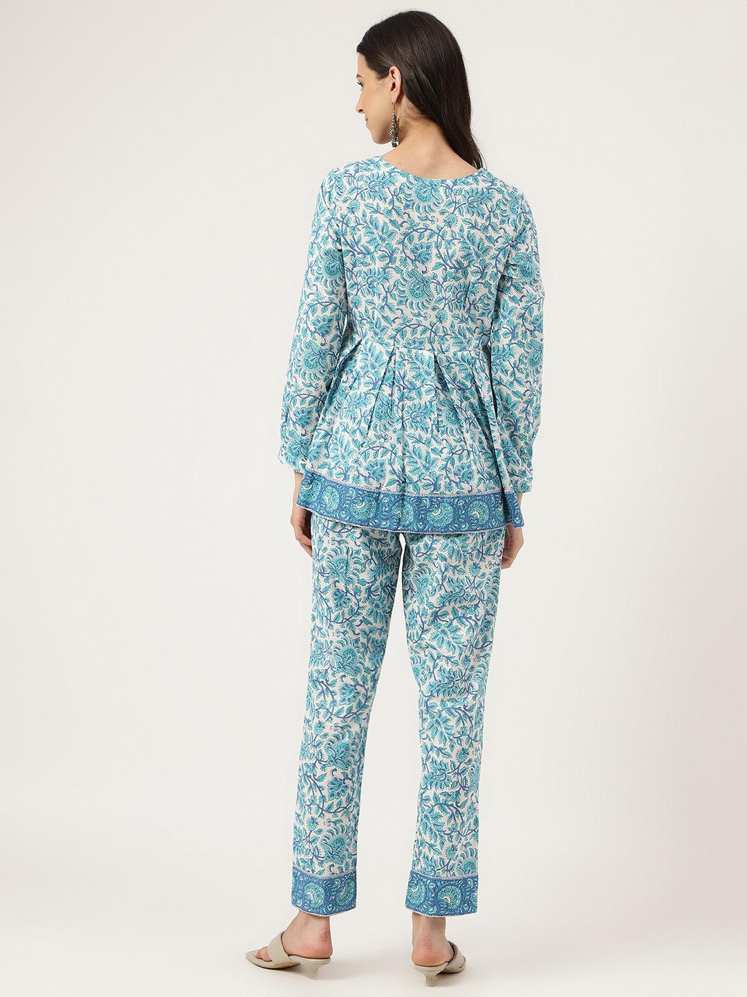 Jamal Jamaloo White Floral Printed Cotton Peplum Top Pant Co-ords Sets - Jamal Jamaloo
