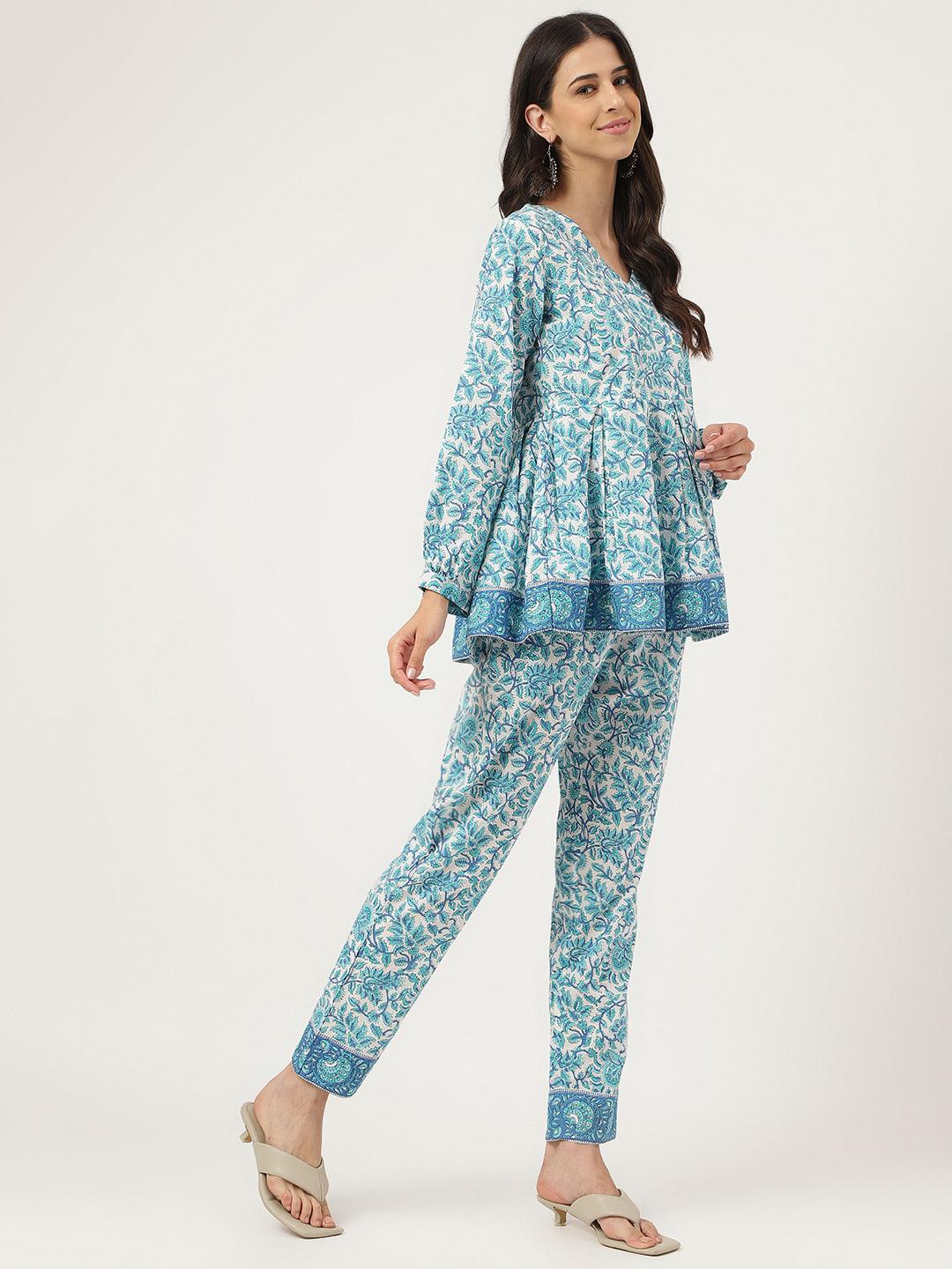 Jamal Jamaloo White Floral Printed Cotton Peplum Top Pant Co-ords Sets - Jamal Jamaloo