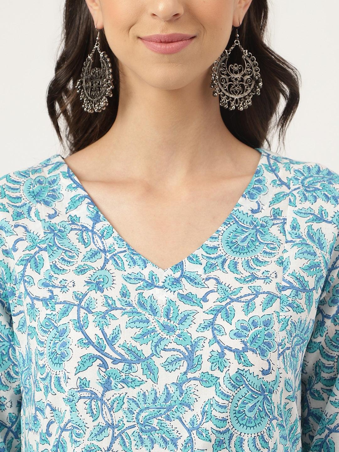 Jamal Jamaloo White Floral Printed Cotton Peplum Top Pant Co-ords Sets - Jamal Jamaloo