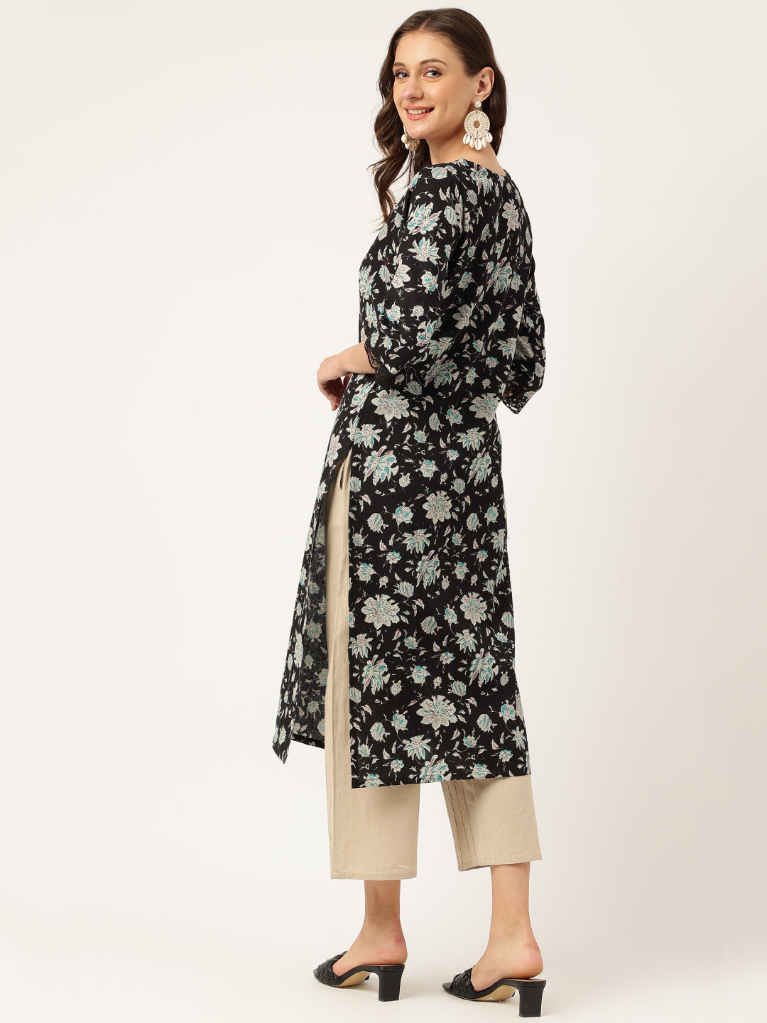 Black Floral Print Straight Fit Cotton kurta