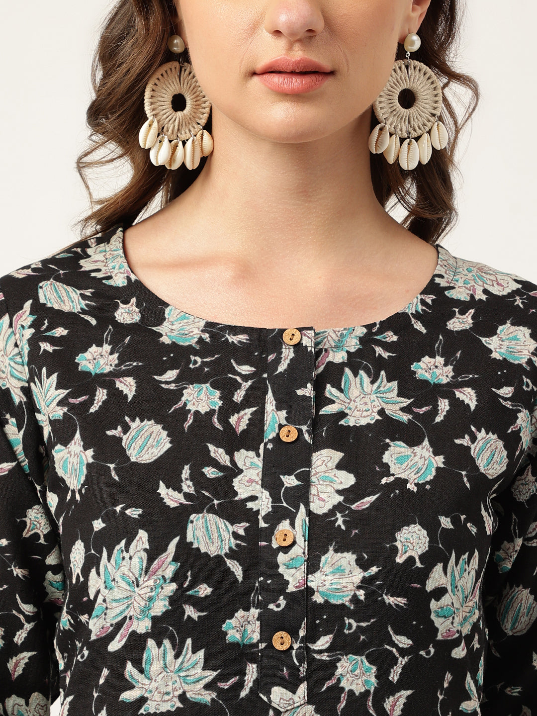 Black Floral Print Straight Fit Cotton kurta