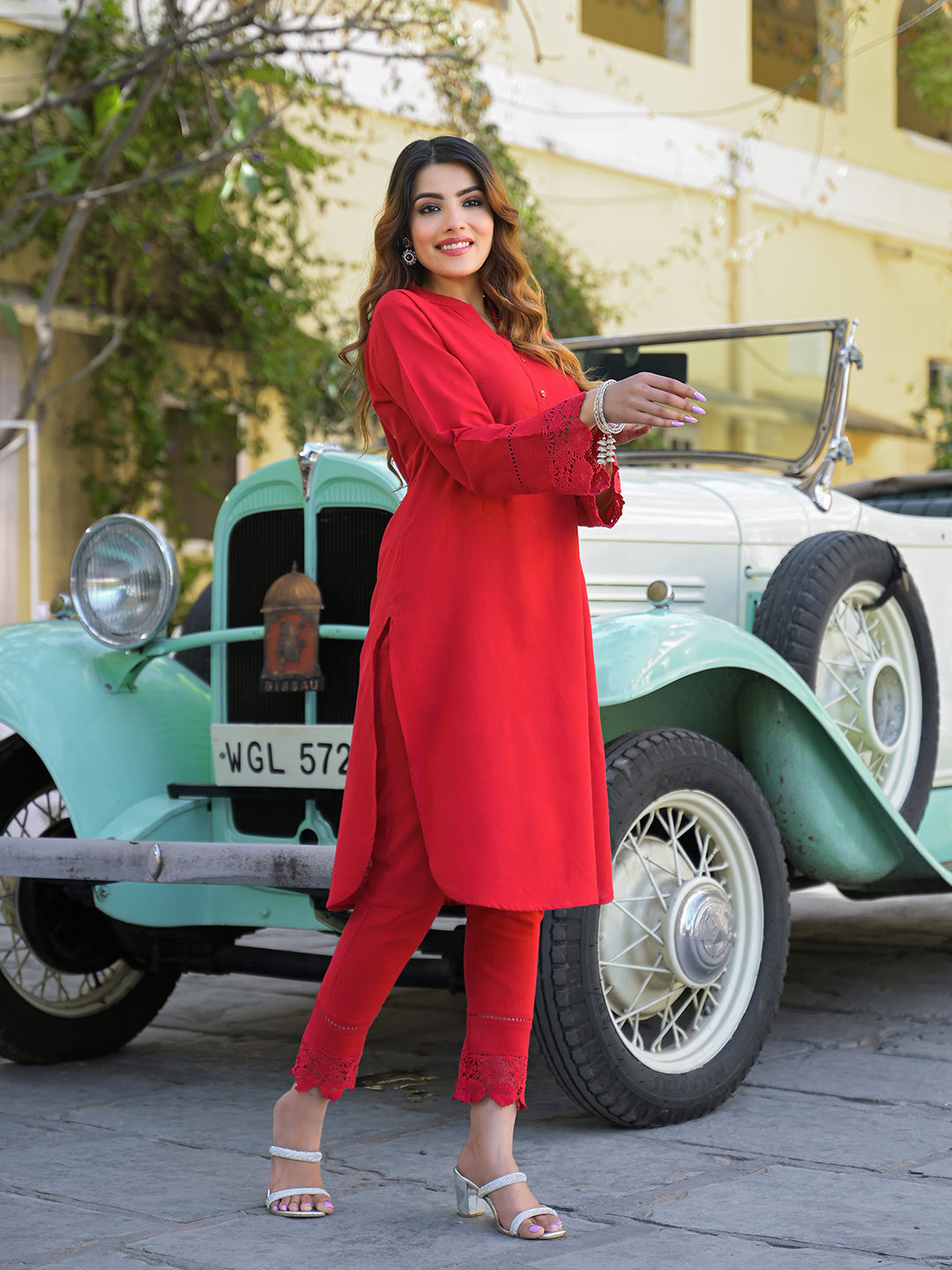 Red Solid Print Cotton Fabric Shirt Kurta with Trouser