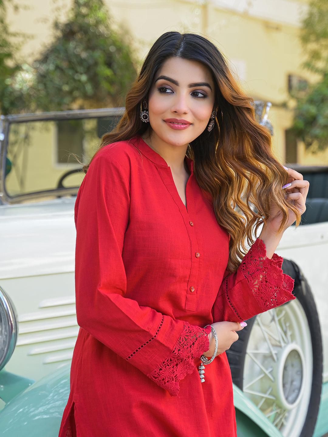 Red Solid Print Cotton Fabric Shirt Kurta with Trouser