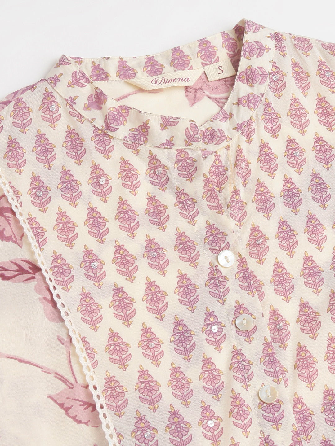 White Purple Floral Cotton Flared kurta with Pant set