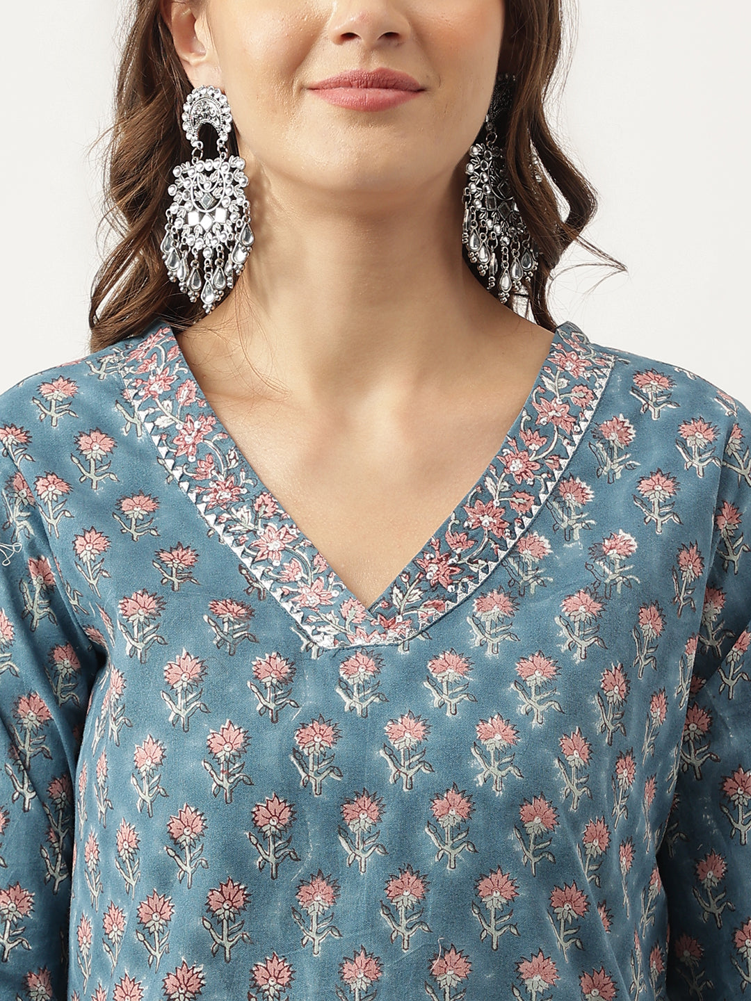 Blue Floral Printed Cotton Embroidered kurta, Trouser with Dupatta