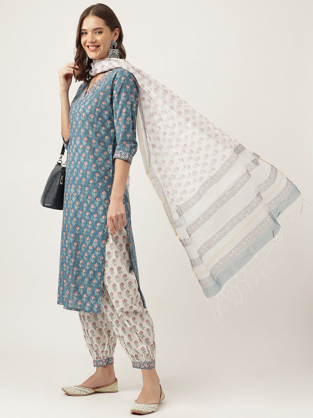 Blue Floral Printed Cotton Embroidered kurta, Trouser with Dupatta