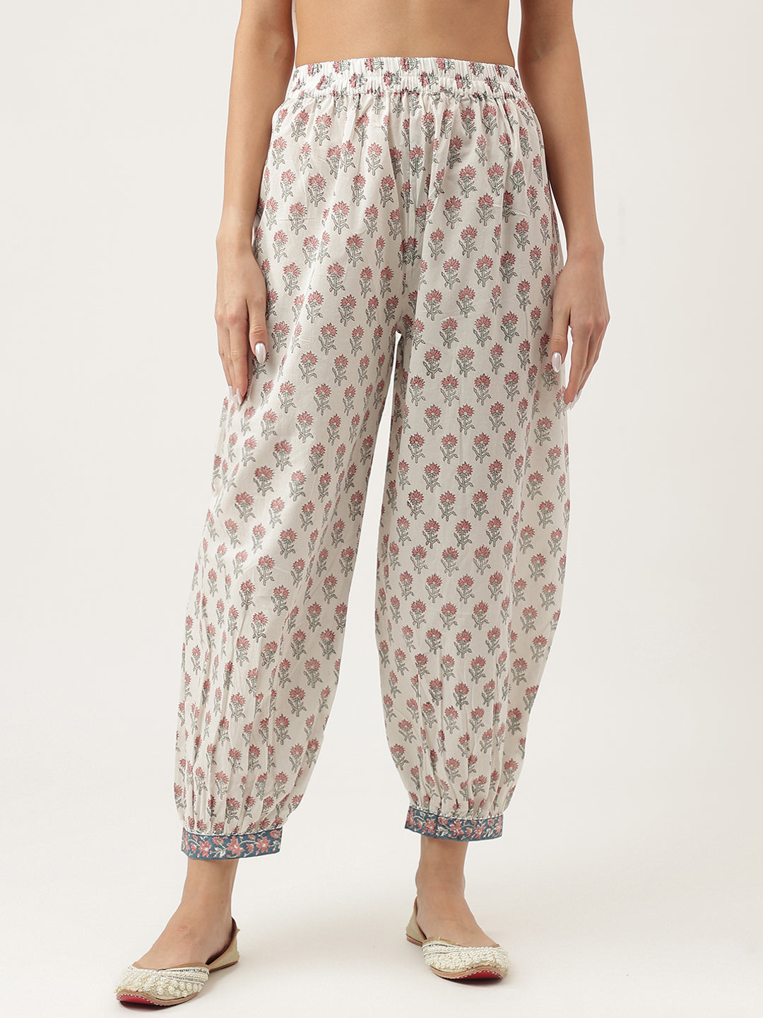 Blue Floral Printed Cotton Embroidered kurta, Trouser with Dupatta