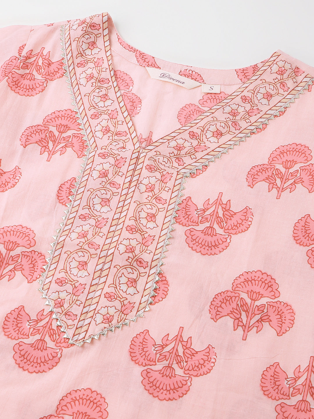 Pink Floral Print Cotton Kurta, Trouser & Dupatta