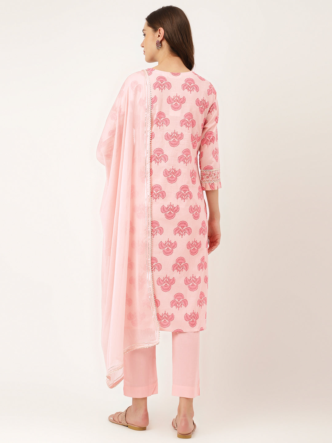 Pink Floral Print Cotton Kurta, Trouser & Dupatta