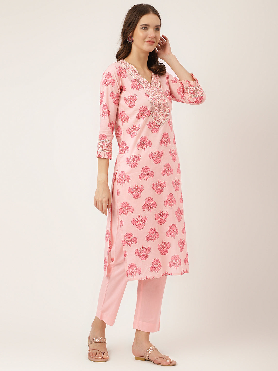 Pink Floral Print Cotton Kurta, Trouser & Dupatta