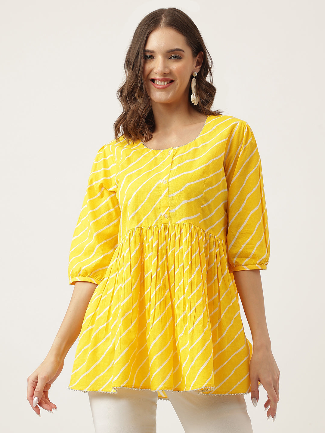 Stripe Printed Yellow Regular Cotton Top