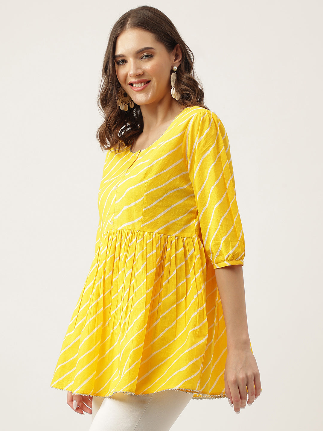 Stripe Printed Yellow Regular Cotton Top