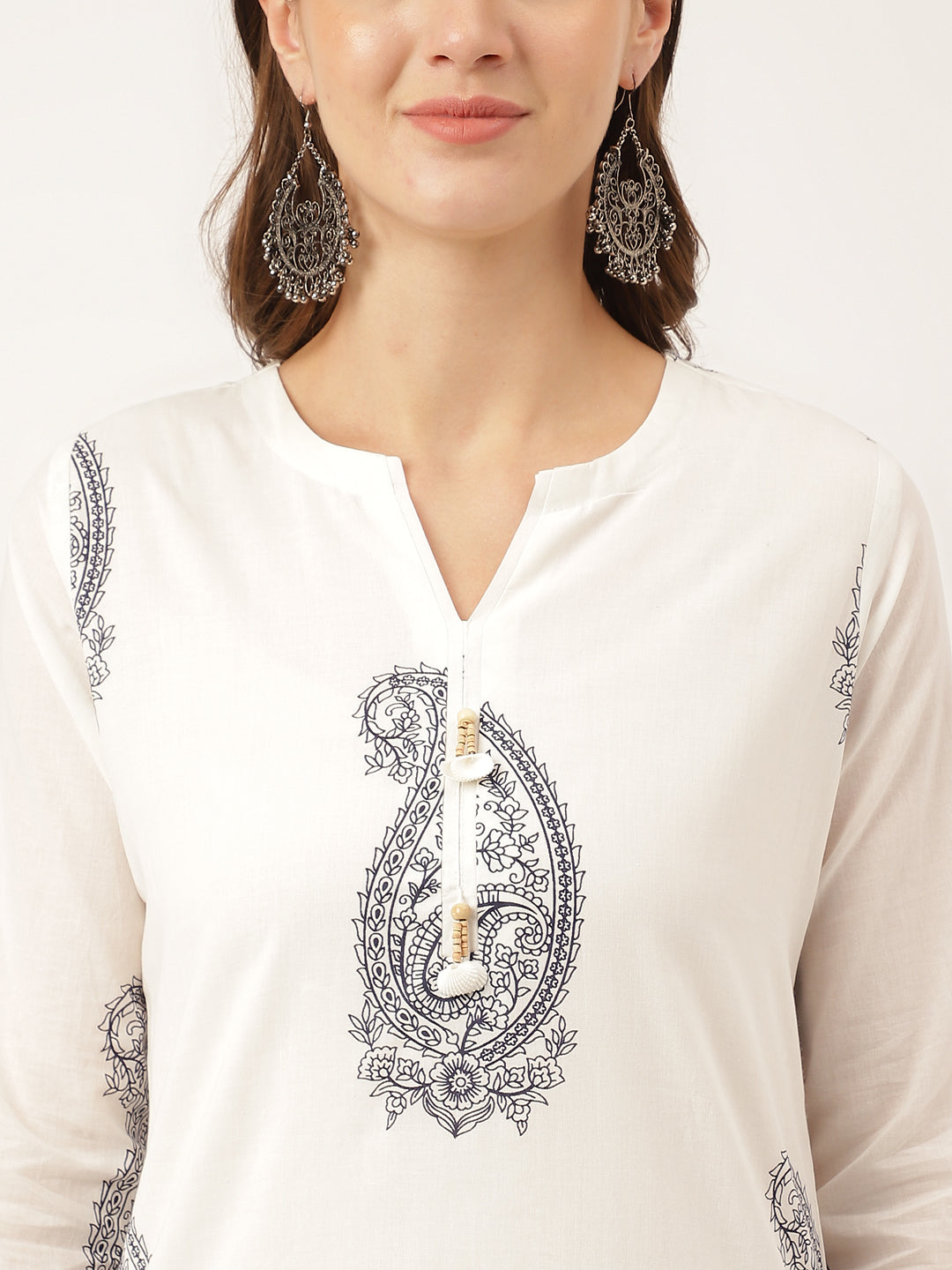 White Paisley Print Cotton Co-ord Set with Mulmul Cotton Lining