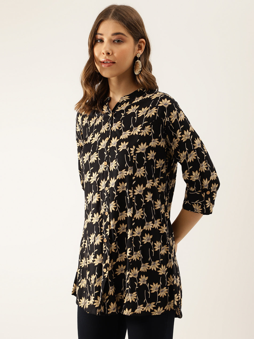 Black Floral Printed Rayon Shirt type Top for Women