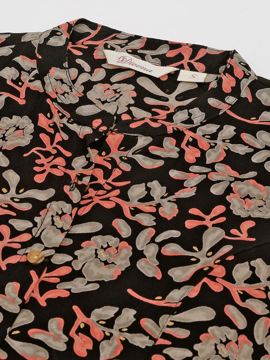 Black Floral Printed Rayon Shirt Style Top