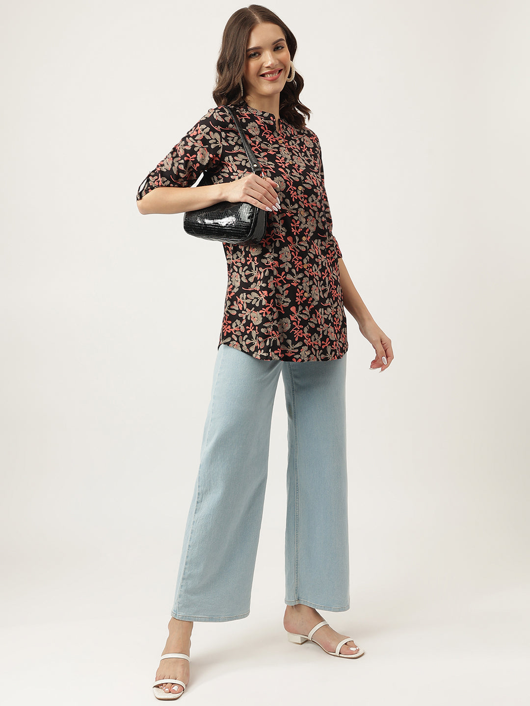 Black Floral Printed Rayon Shirt Style Top
