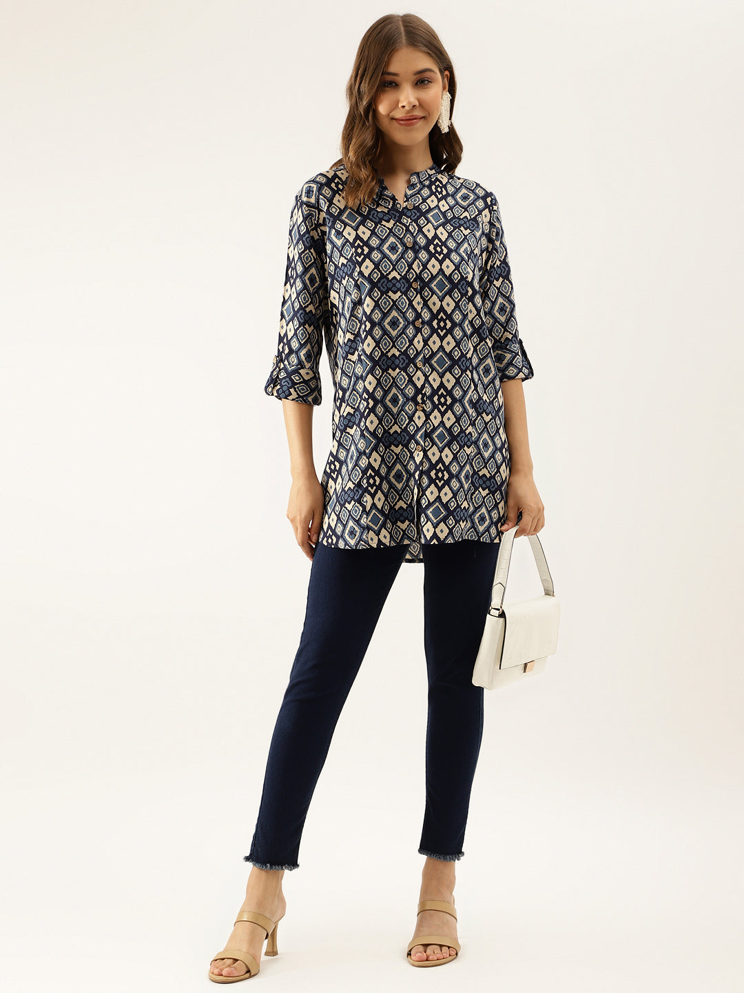 Navy Blue Printed Rayon Regular Fit Top