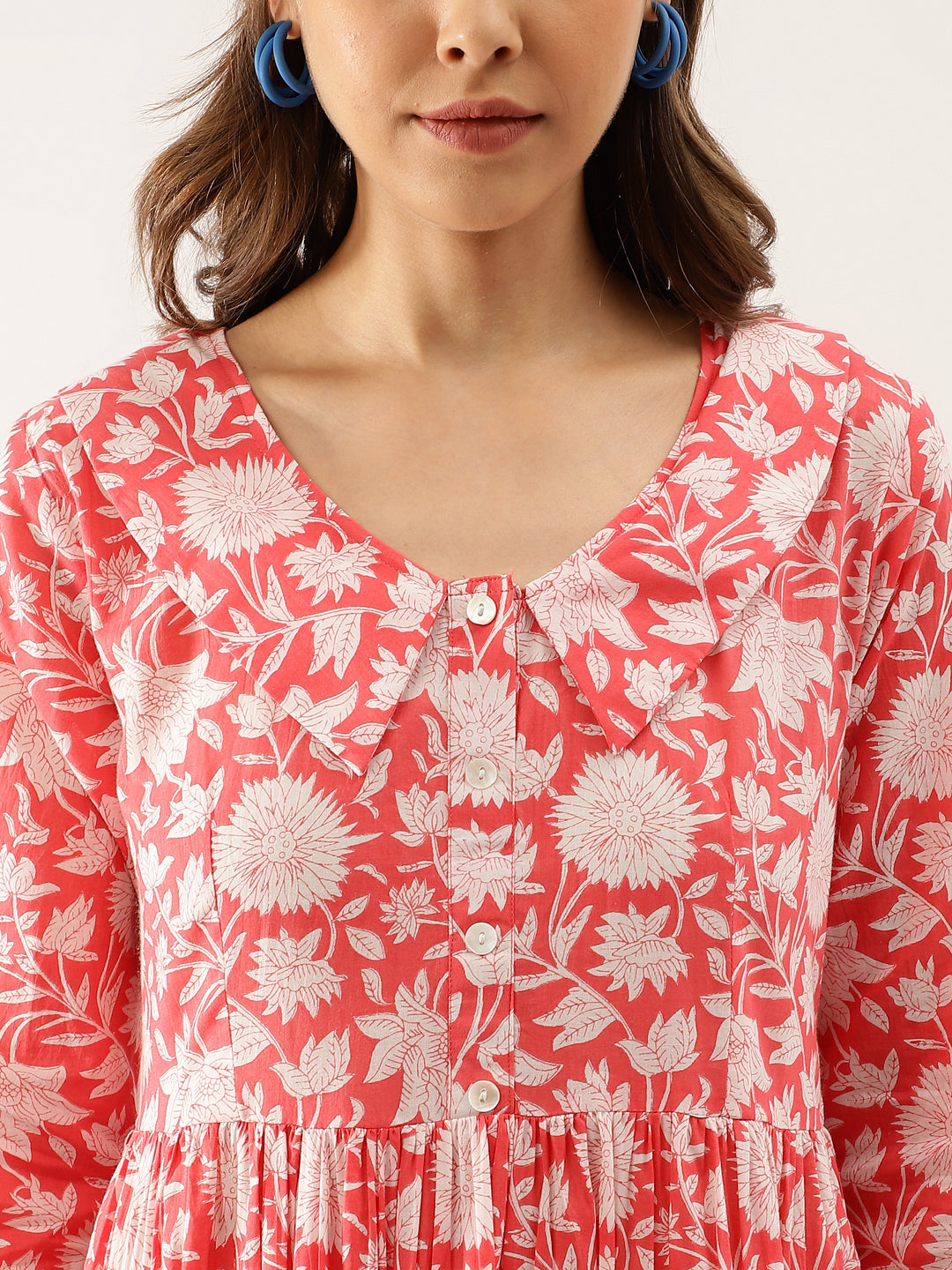 Pink Floral Printed Cotton Ethnic Dress for Women