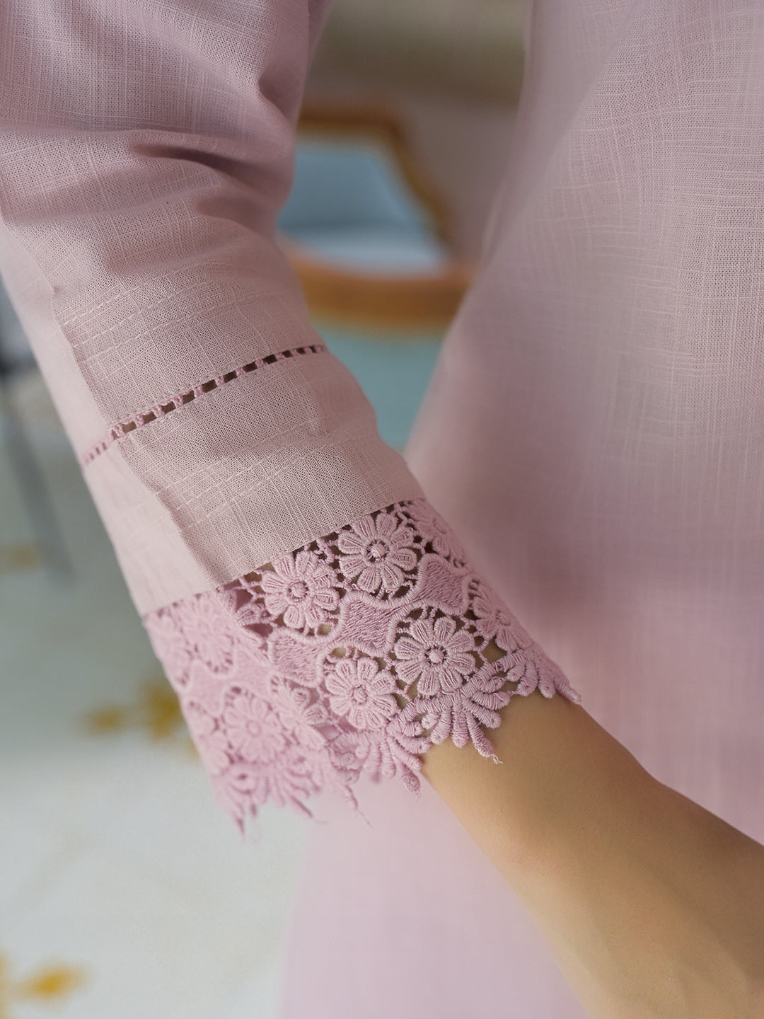 Pink Solid Cotton Straight Fit Lace Border Kurta with Trouser