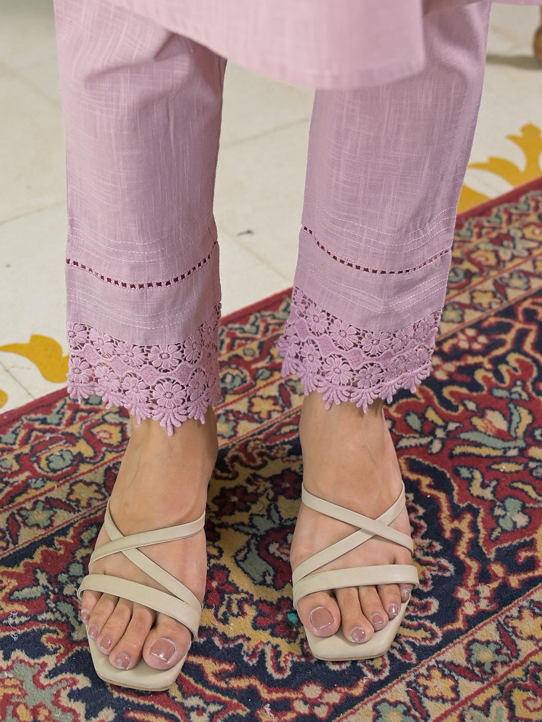 Pink Solid Cotton Straight Fit Lace Border Kurta with Trouser