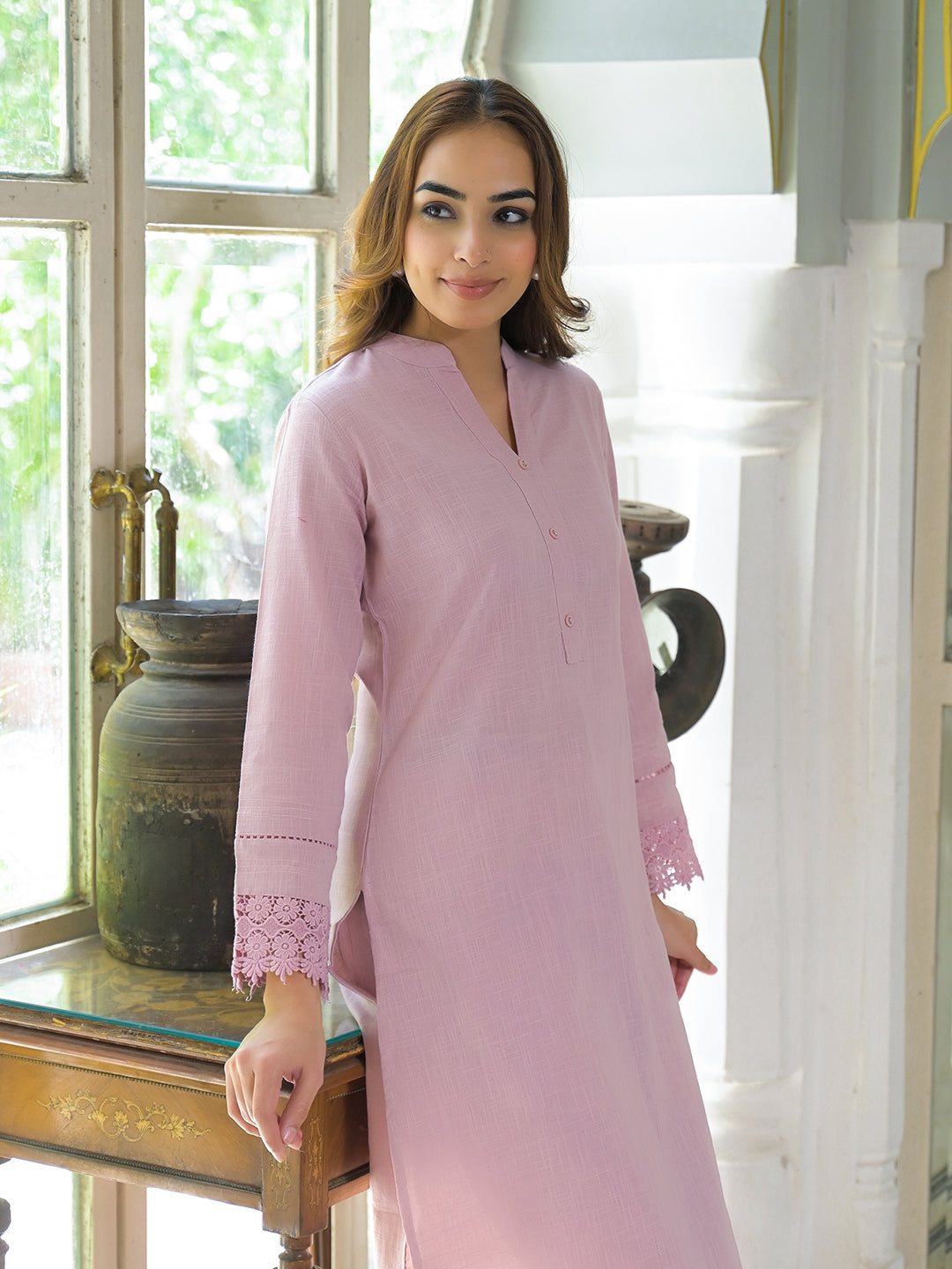 Pink Solid Cotton Straight Fit Lace Border Kurta with Trouser