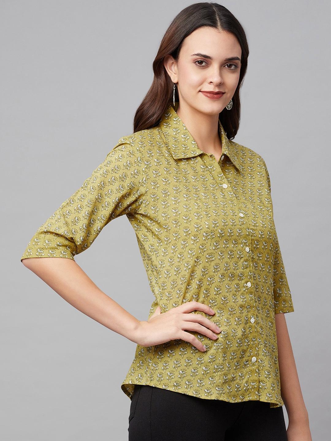 Jamal Jamaloo Mehndi Green Block Printed Casual Women Shirts - Jamal Jamaloo