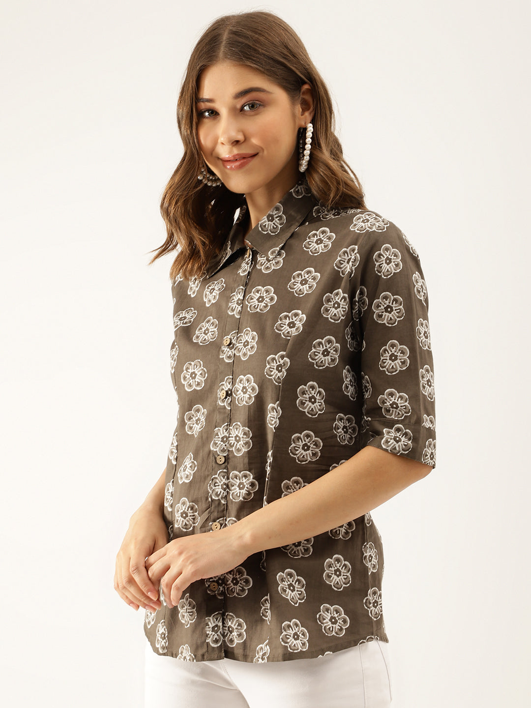 Brown Block Printed Casual Women Shirts