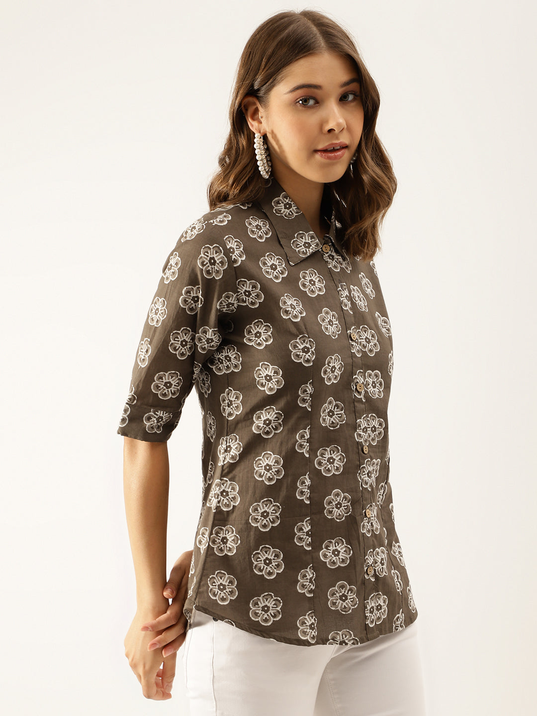 Brown Block Printed Casual Women Shirts
