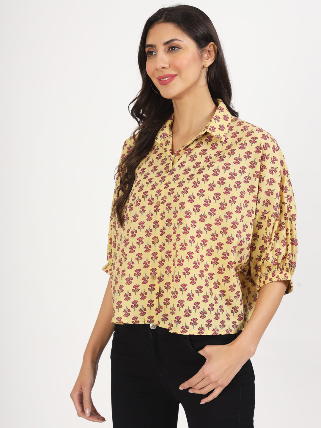 Beige Floral Printed Cotton Tops