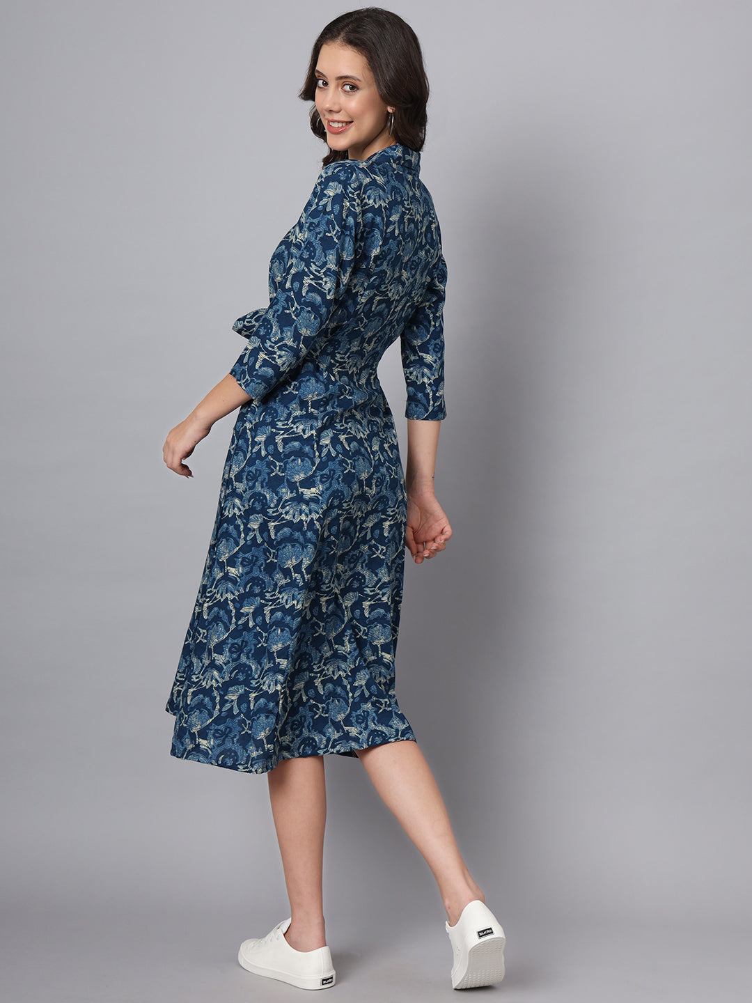 Blue Floral Print Rayon Midi Dress