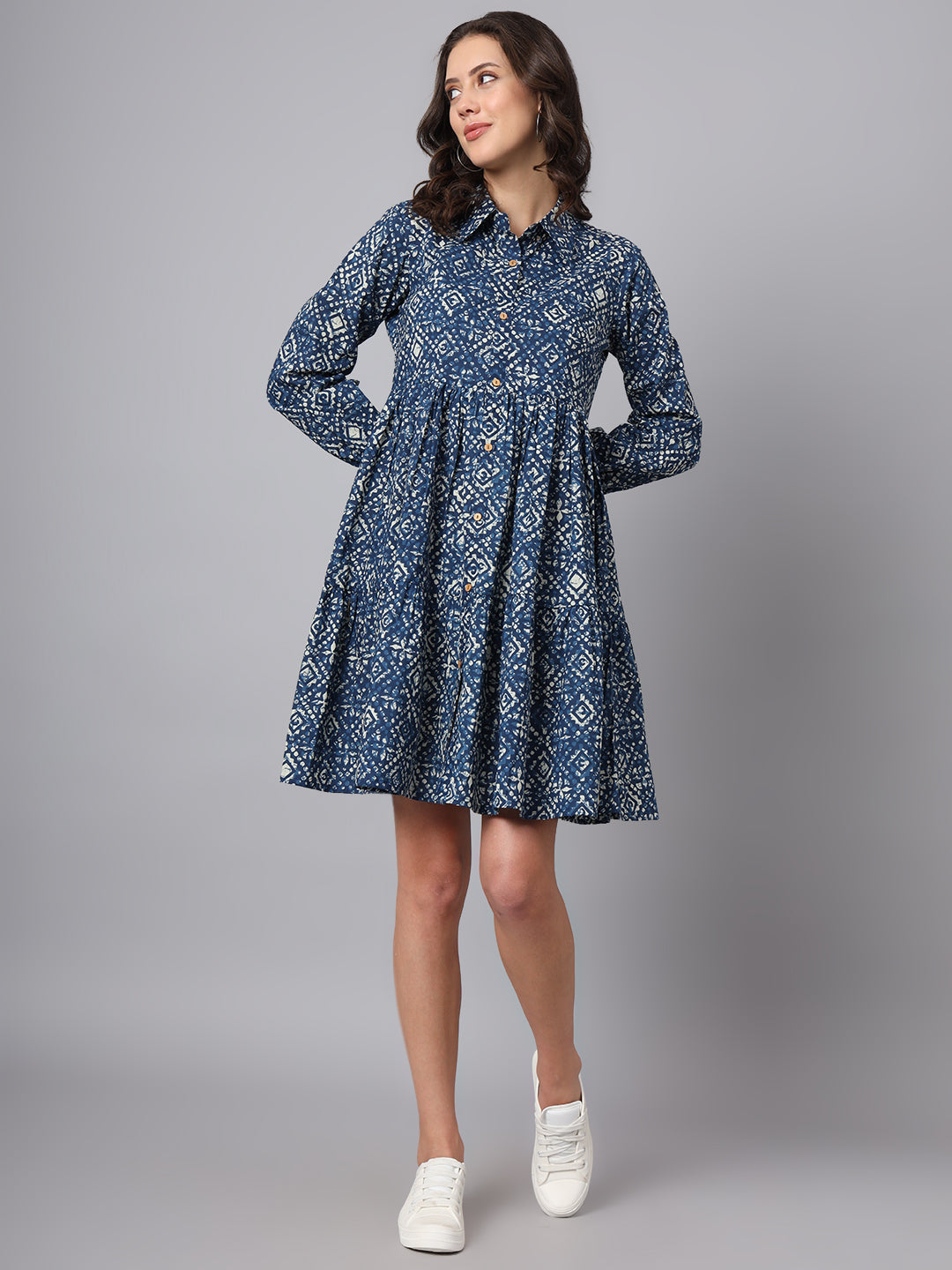 Blue Floral Print Cotton Midi Dress