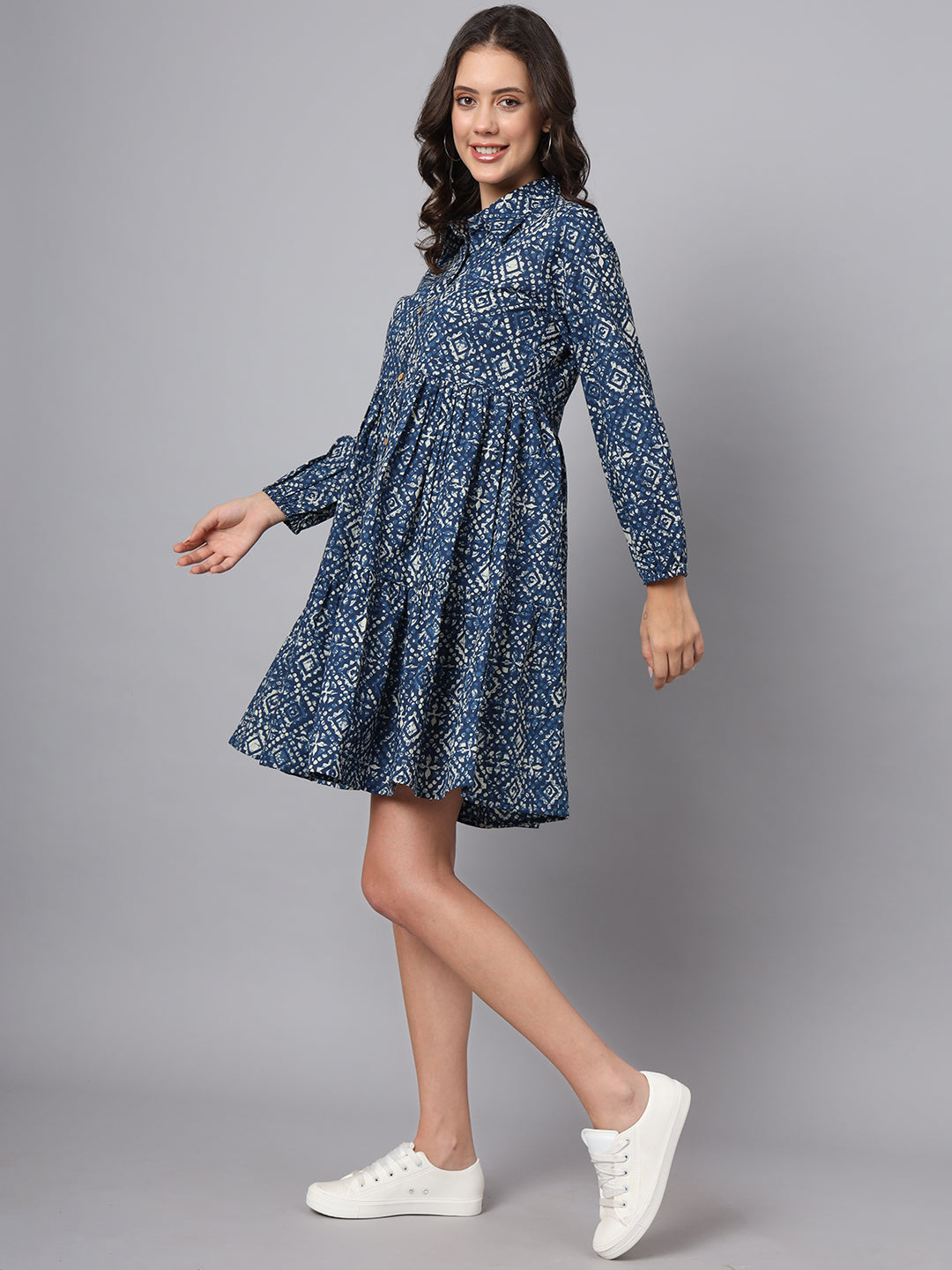Blue Floral Print Cotton Midi Dress