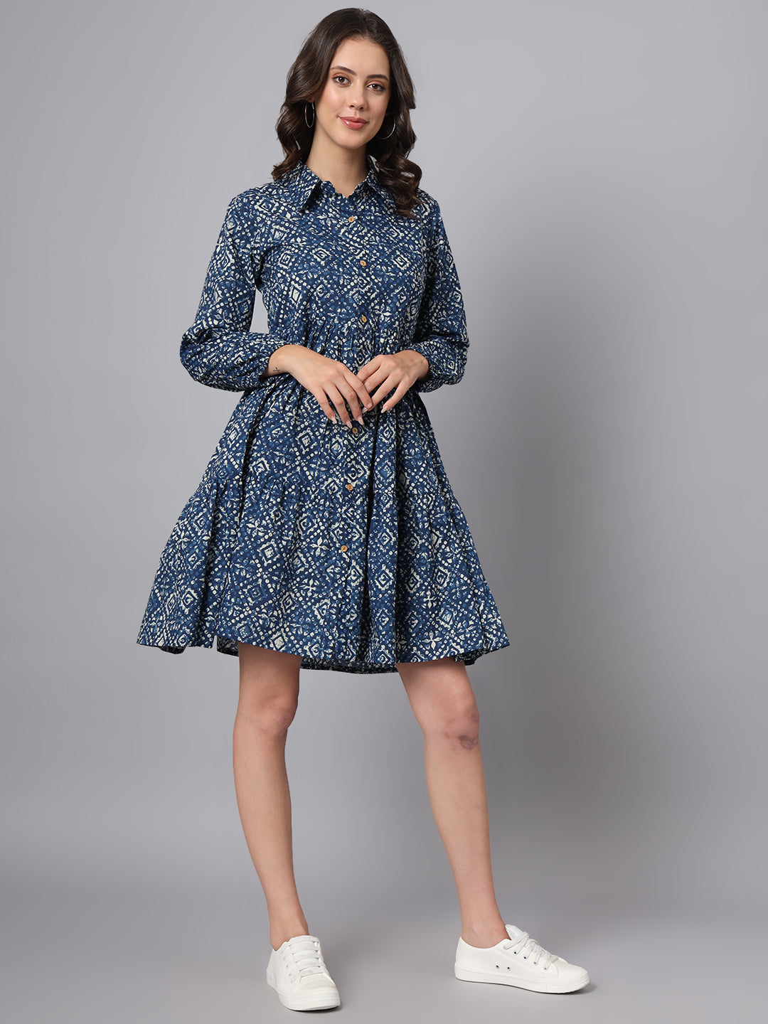 Blue Floral Print Cotton Midi Dress