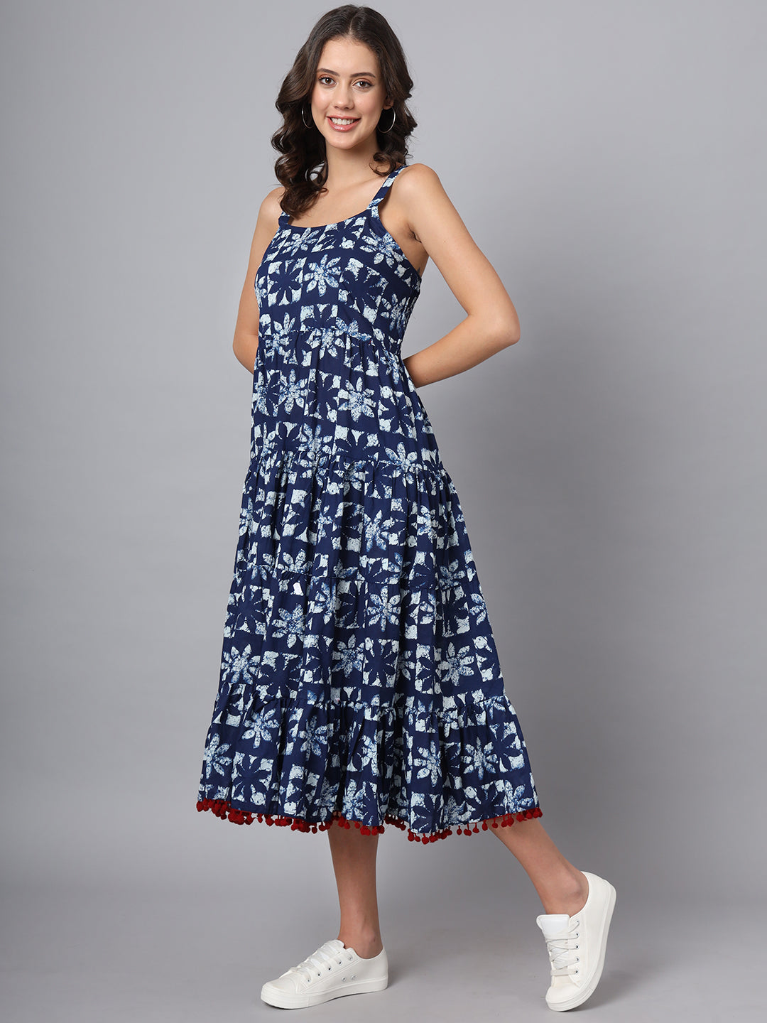Blue Printed Cotton Fabric Fit & Flare Dress