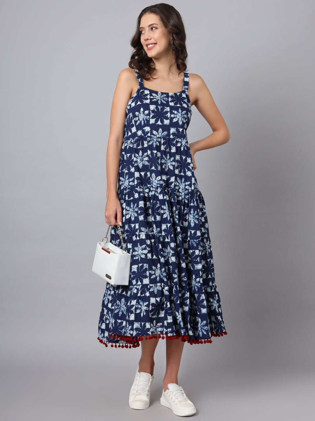 Blue Printed Cotton Fabric Fit & Flare Dress