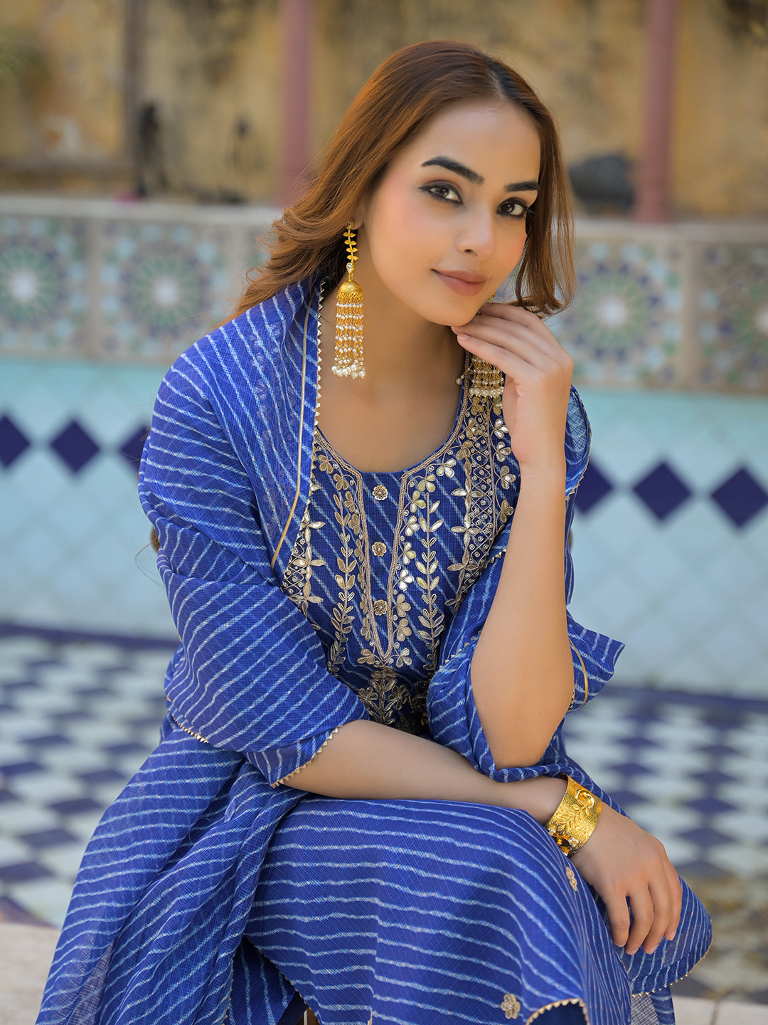Blue Leheriya Kota Doria Kurta Pant With Dupatta