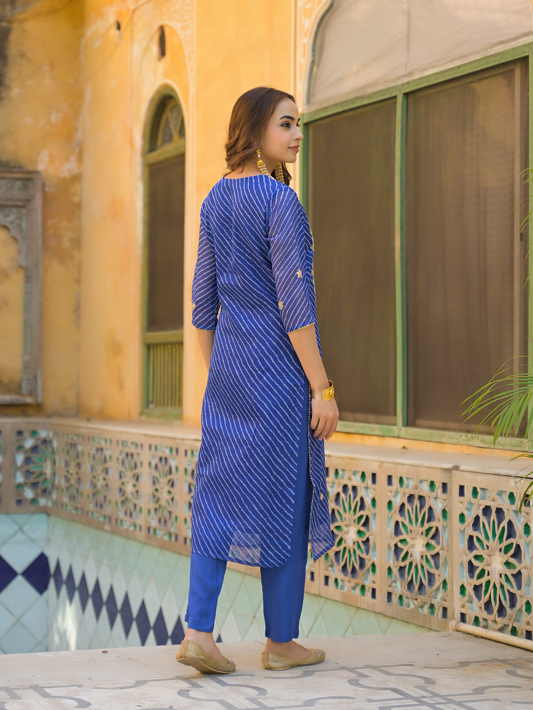 Blue Leheriya Kota Doria Kurta Pant With Dupatta
