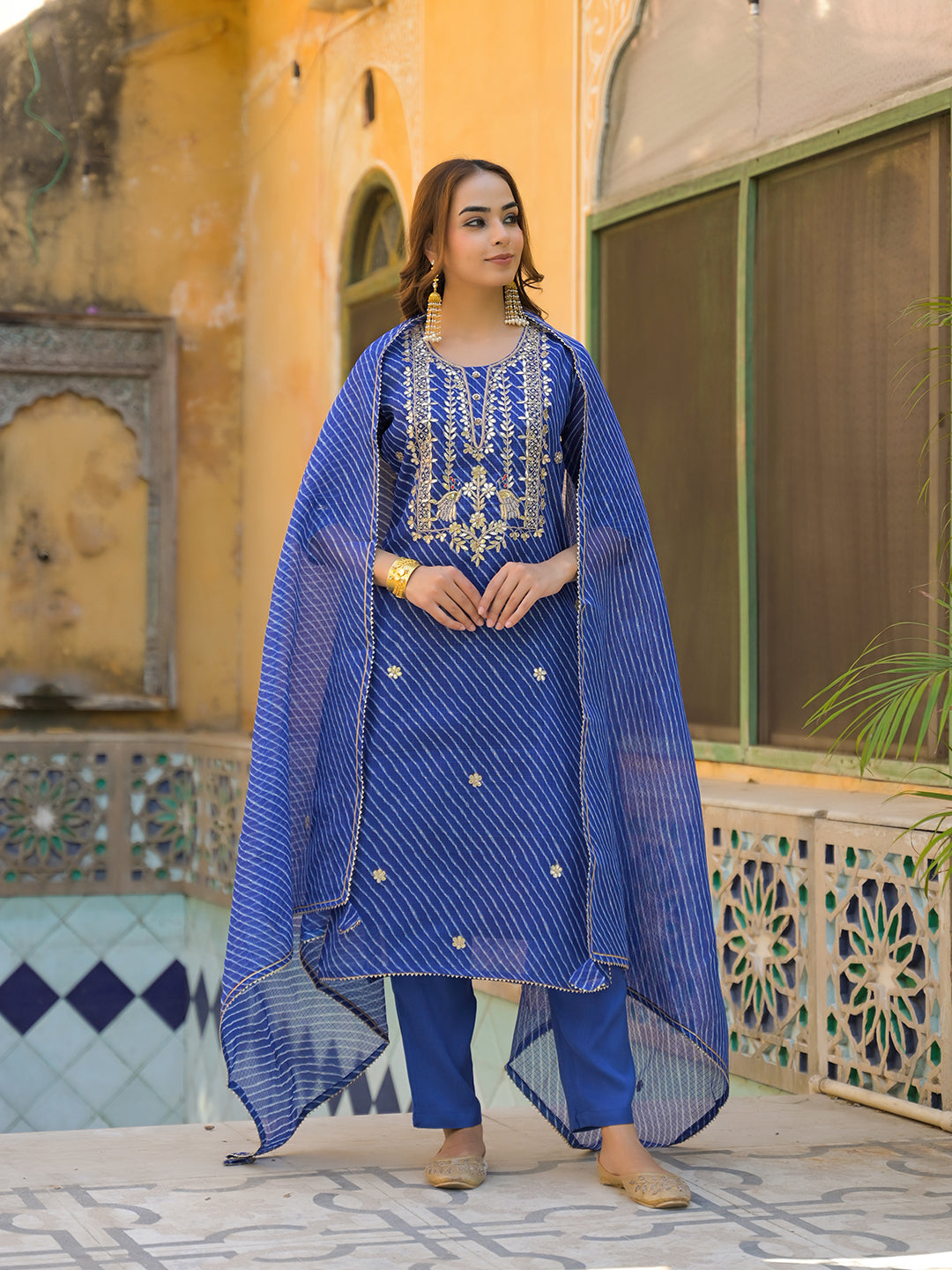 Blue Leheriya Kota Doria Kurta Pant With Dupatta