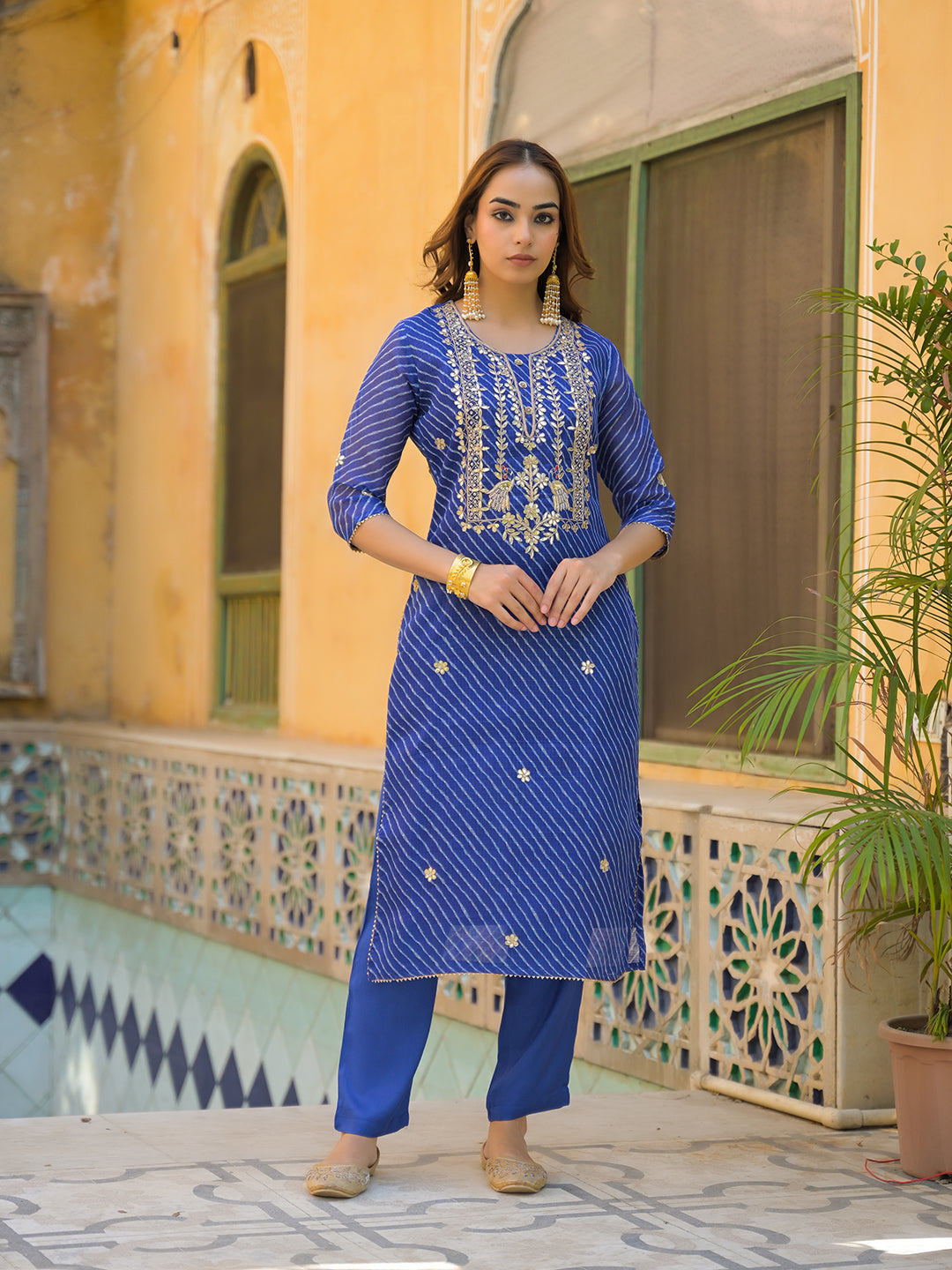 Blue Leheriya Kota Doria Kurta Pant With Dupatta