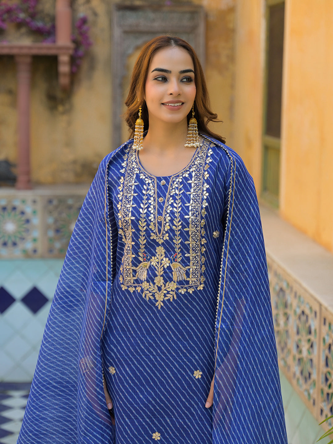 Blue Leheriya Kota Doria Kurta Pant With Dupatta