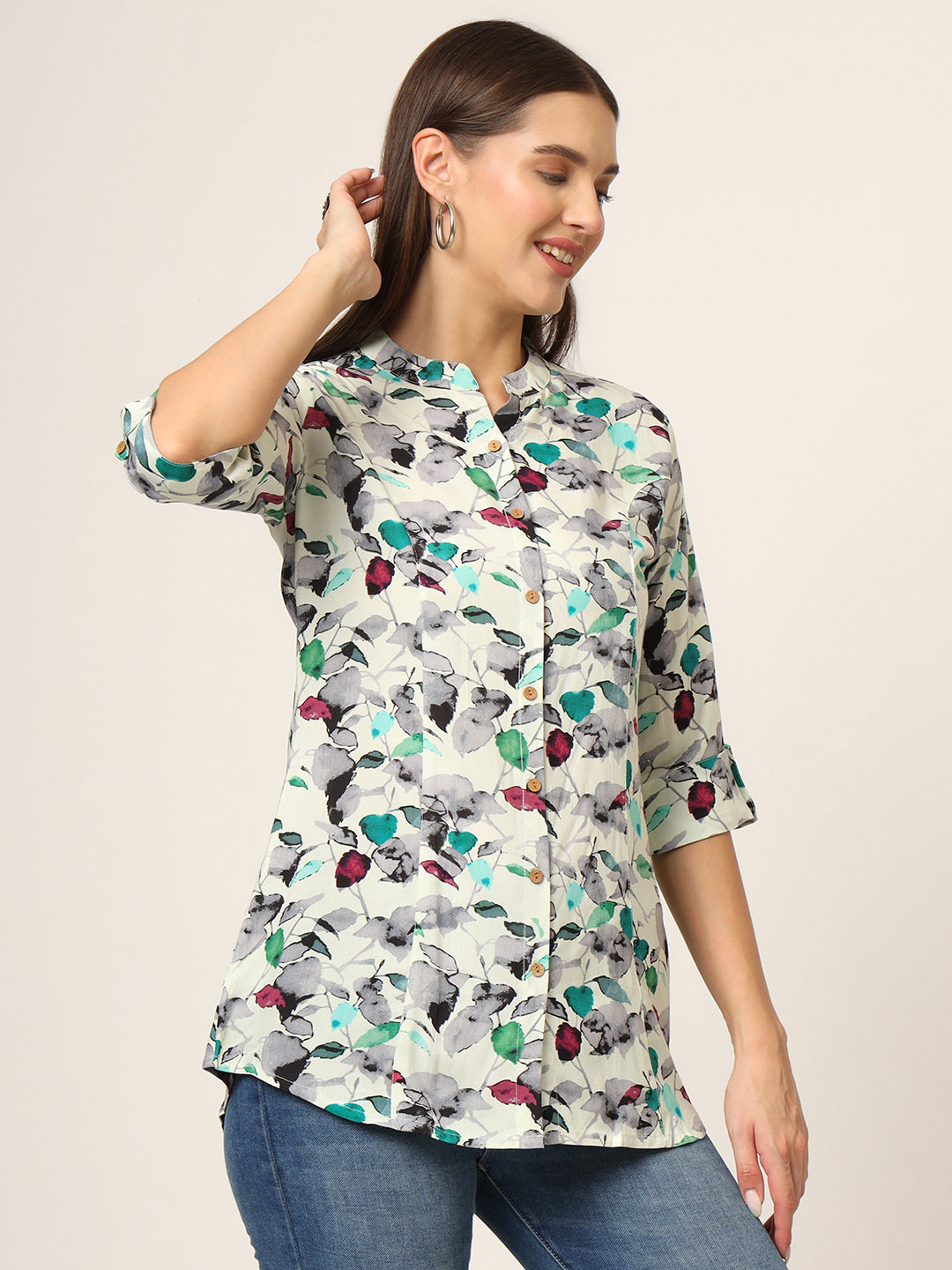 Multicolor Printed Rayon Fabric Shirt Style Top