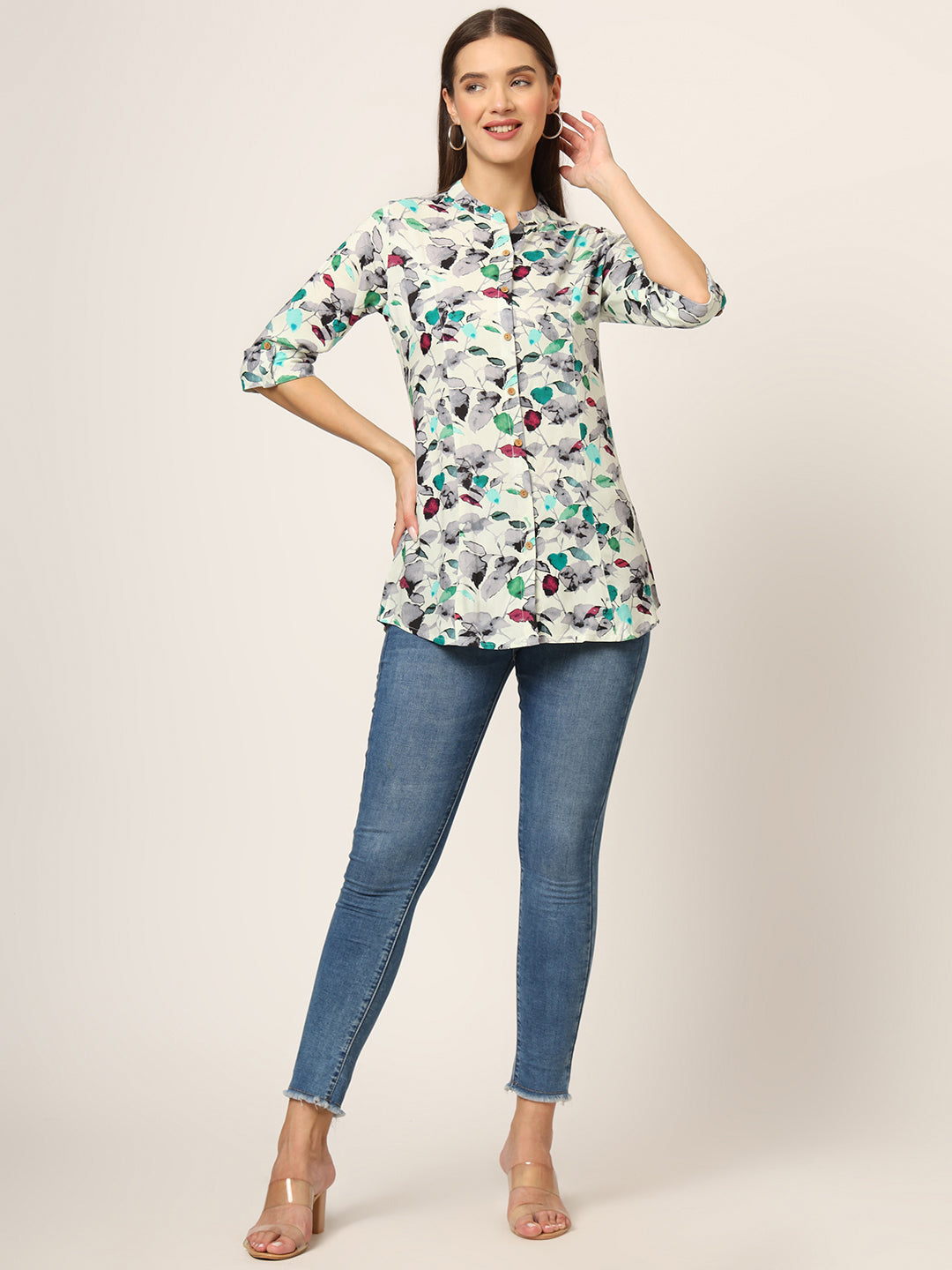Multicolor Printed Rayon Fabric Shirt Style Top