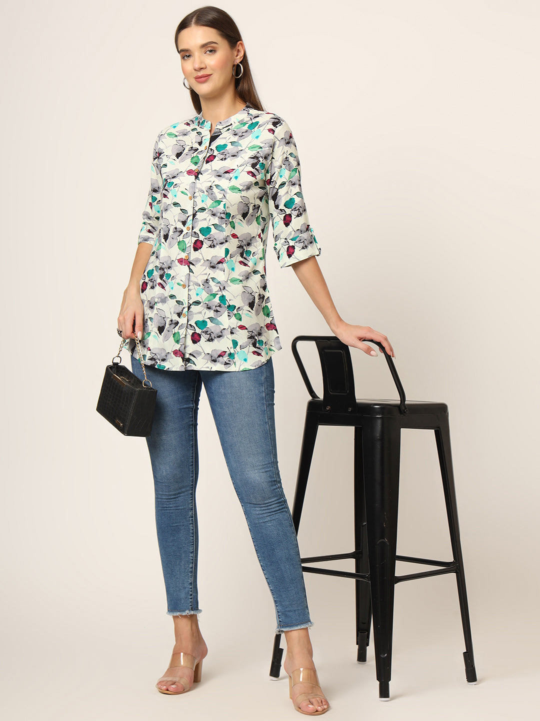 Multicolor Printed Rayon Fabric Shirt Style Top
