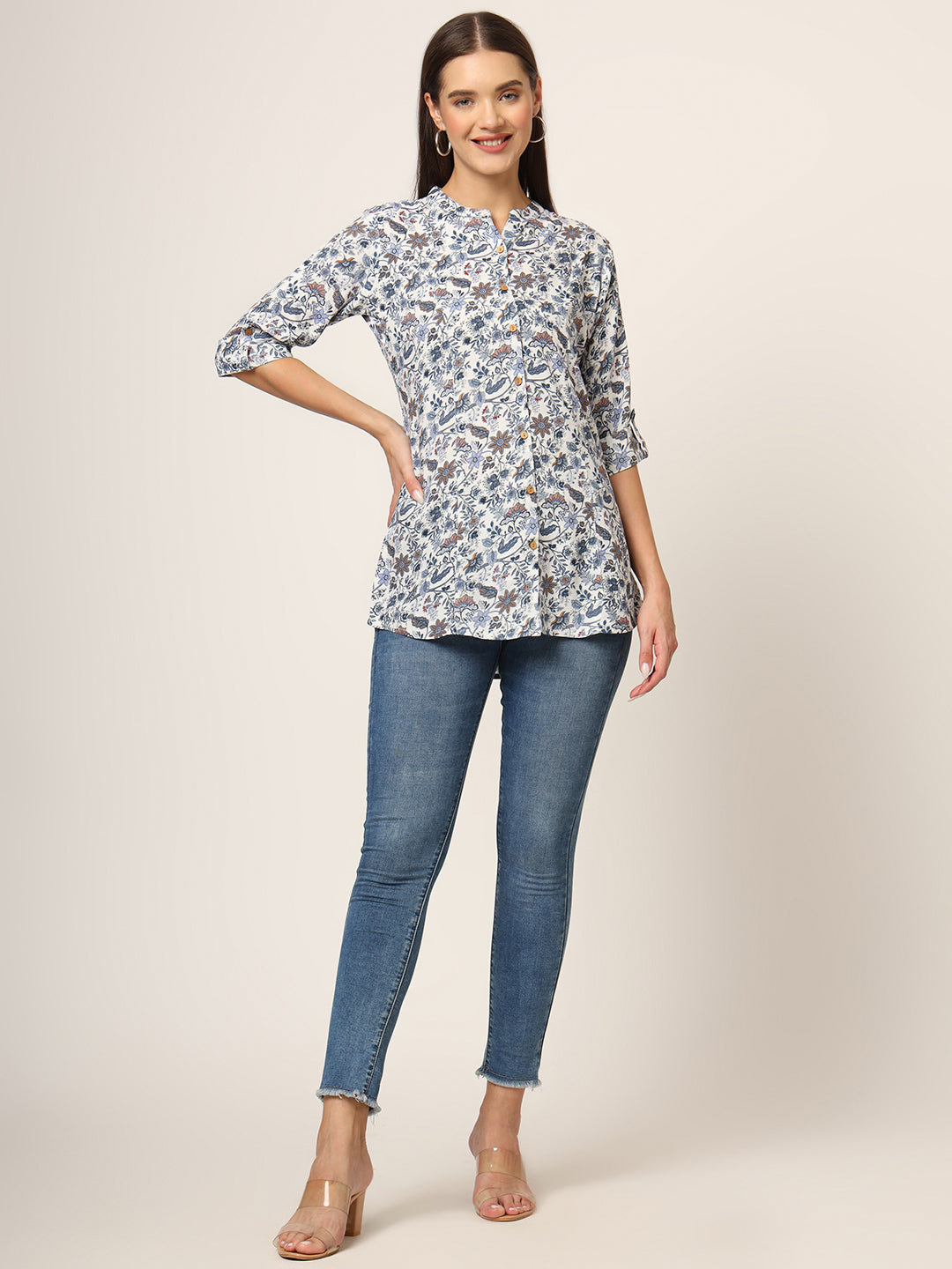 Blue Printed Rayon Fabric Shirt Style Top