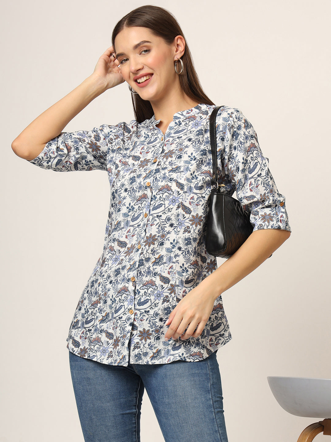 Blue Printed Rayon Fabric Shirt Style Top