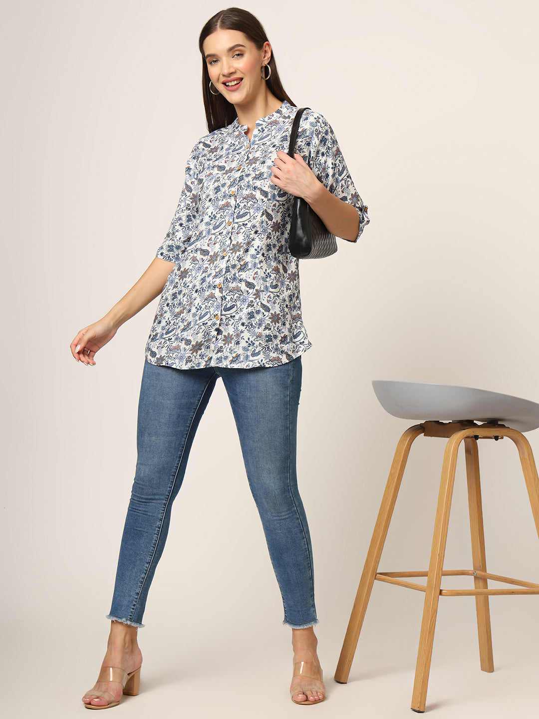 Blue Printed Rayon Fabric Shirt Style Top