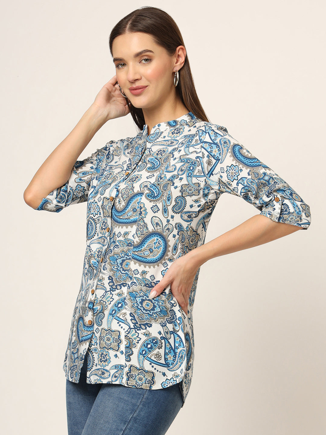White & Blue Printed Rayon Fabric Shirt Style Top